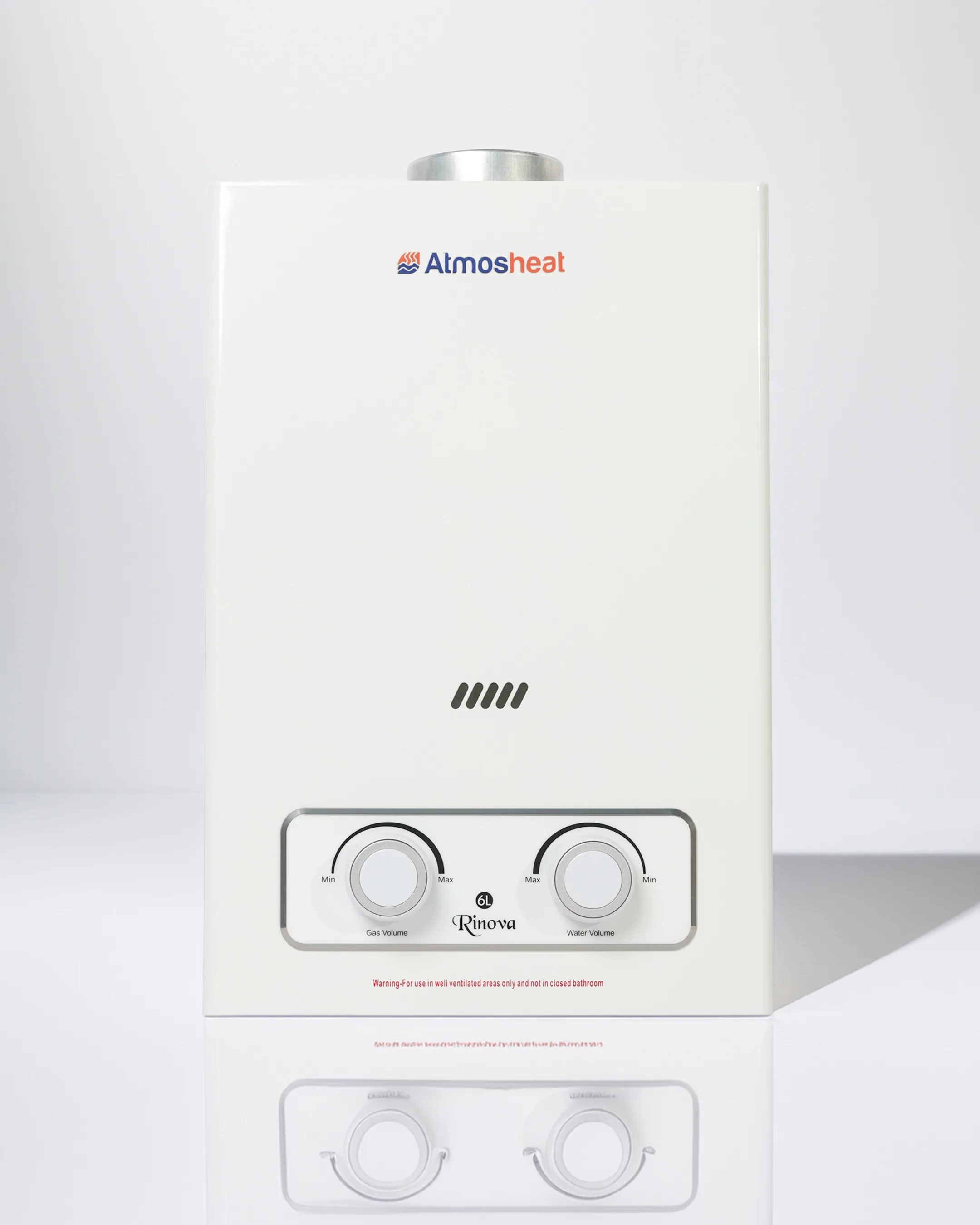 Atmosheat Rinova 6L gas water heater, front view on a white background with reflection