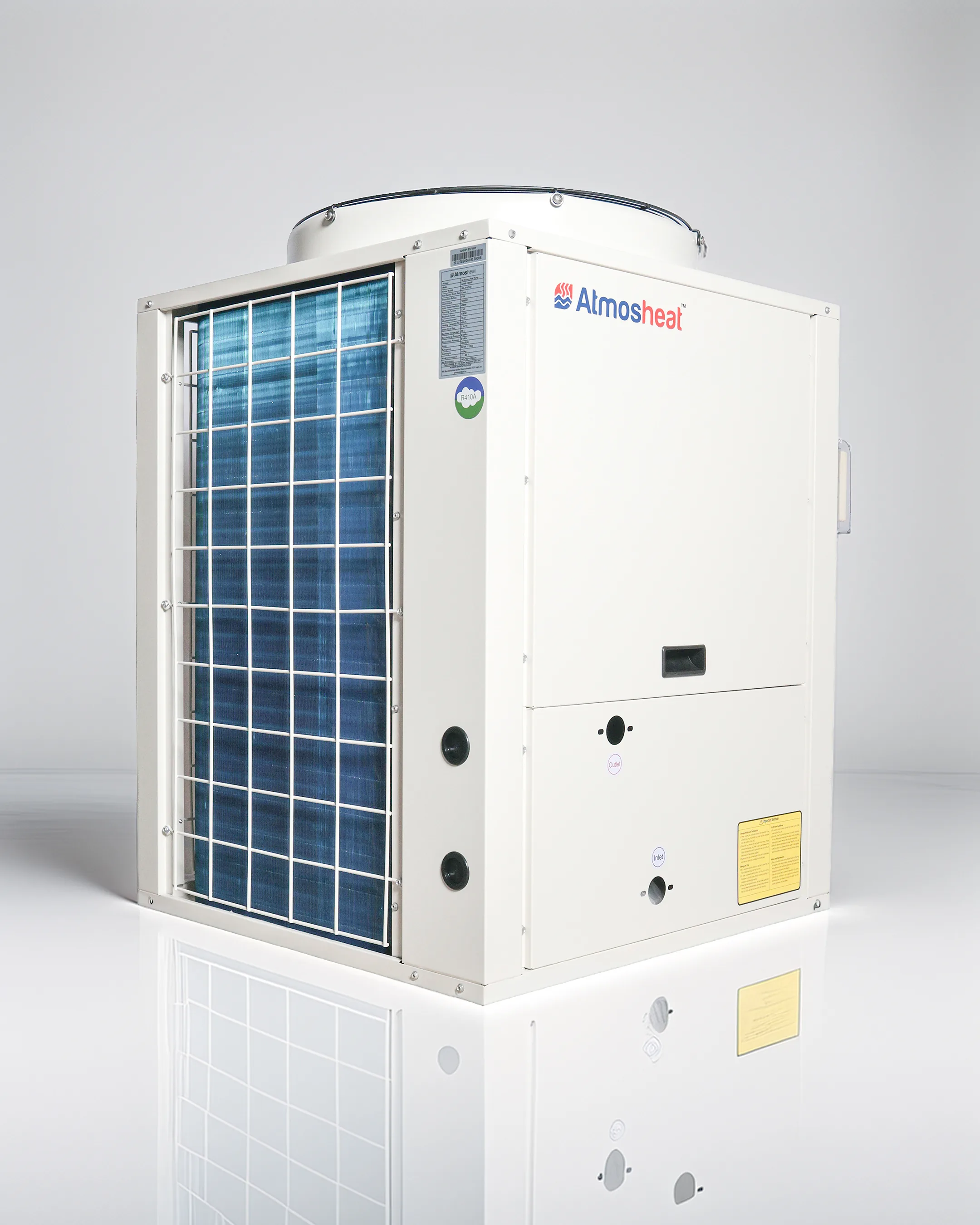 Atmosheat commercial air source heat pump with top fan and blue coil, three-quarter view