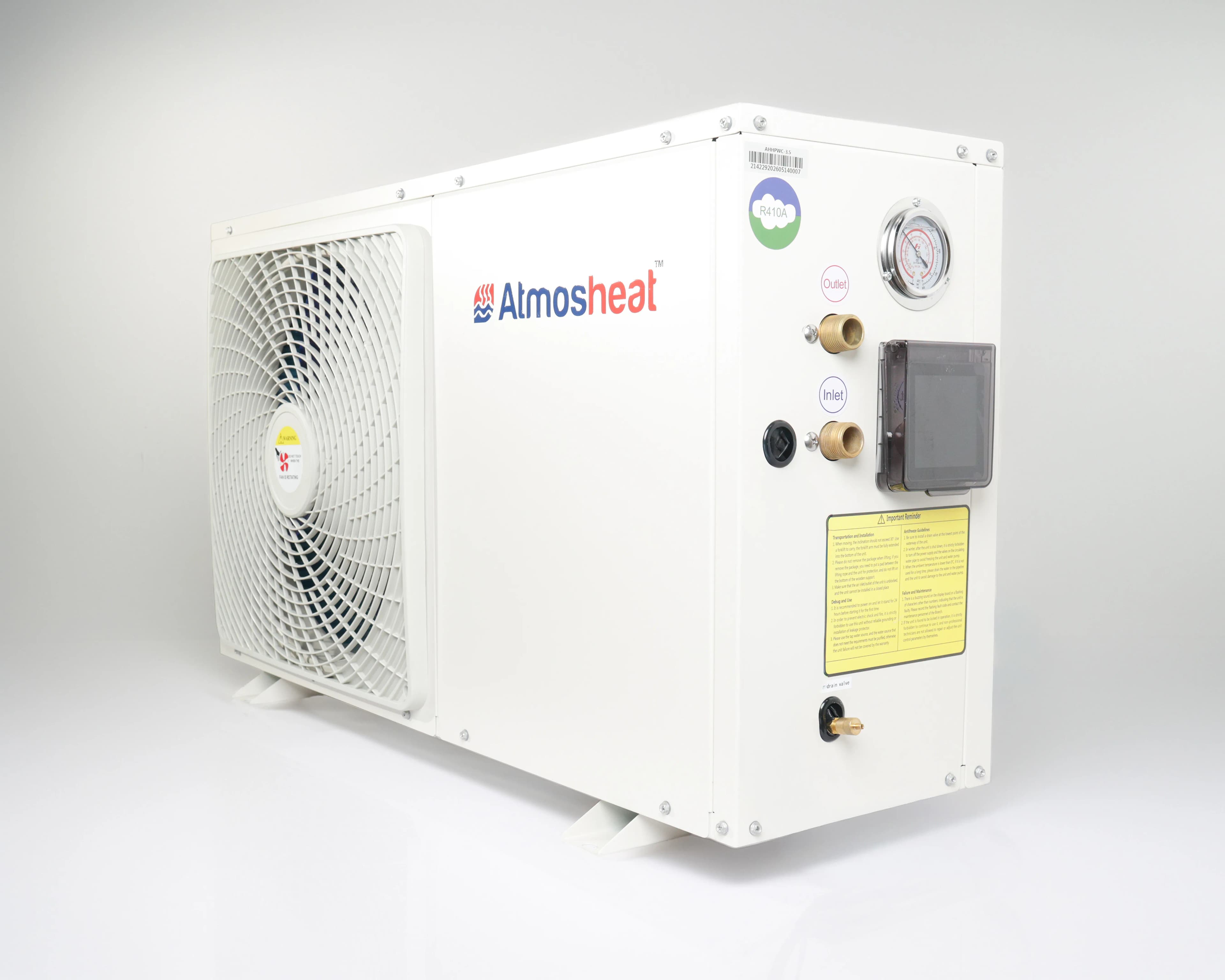 Atmosheat compact heat pump with round fan grille, gauge and inlet and outlet fittings