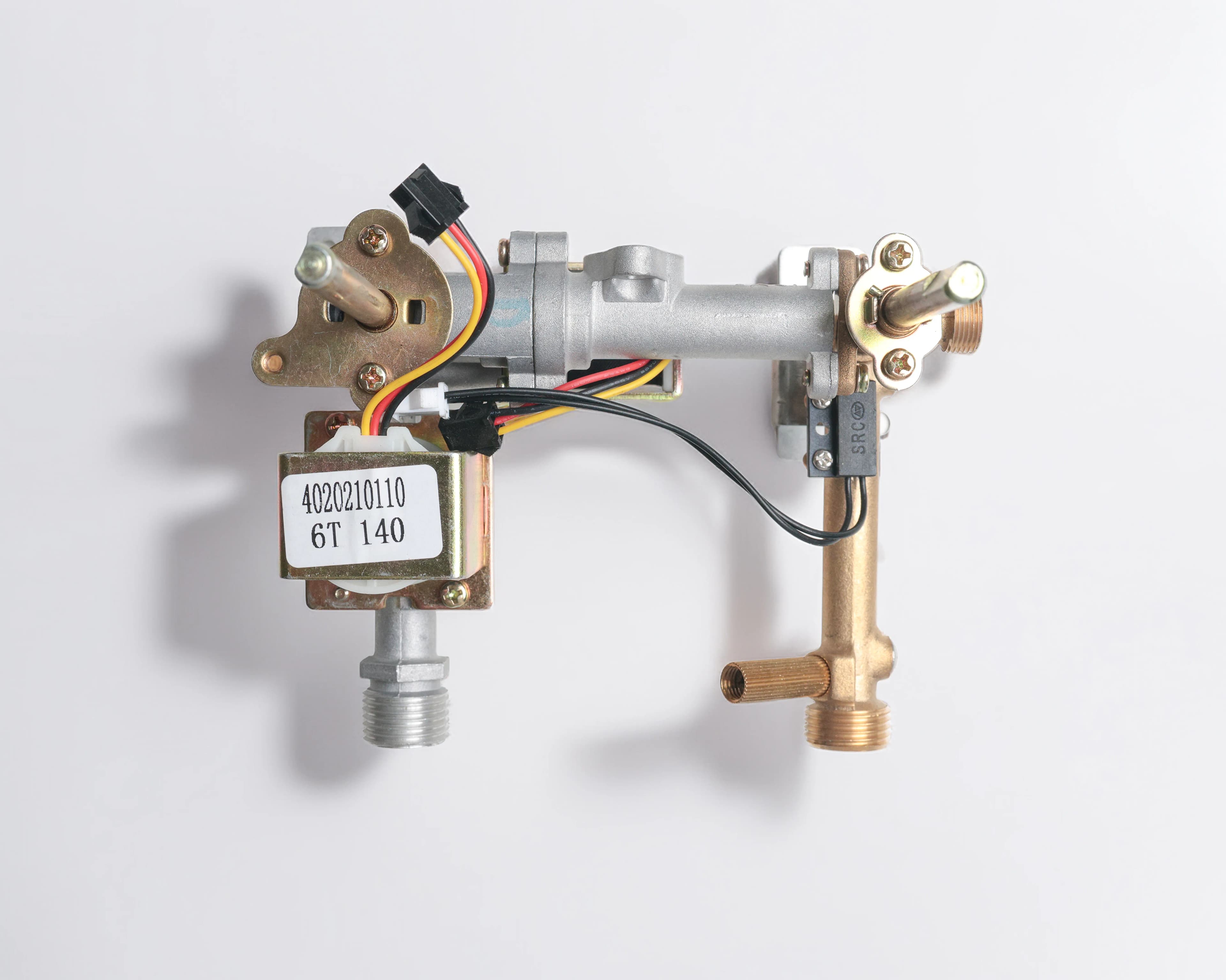 Gas valve assembly with solenoid, brass water valve and wiring, flat lay on white
