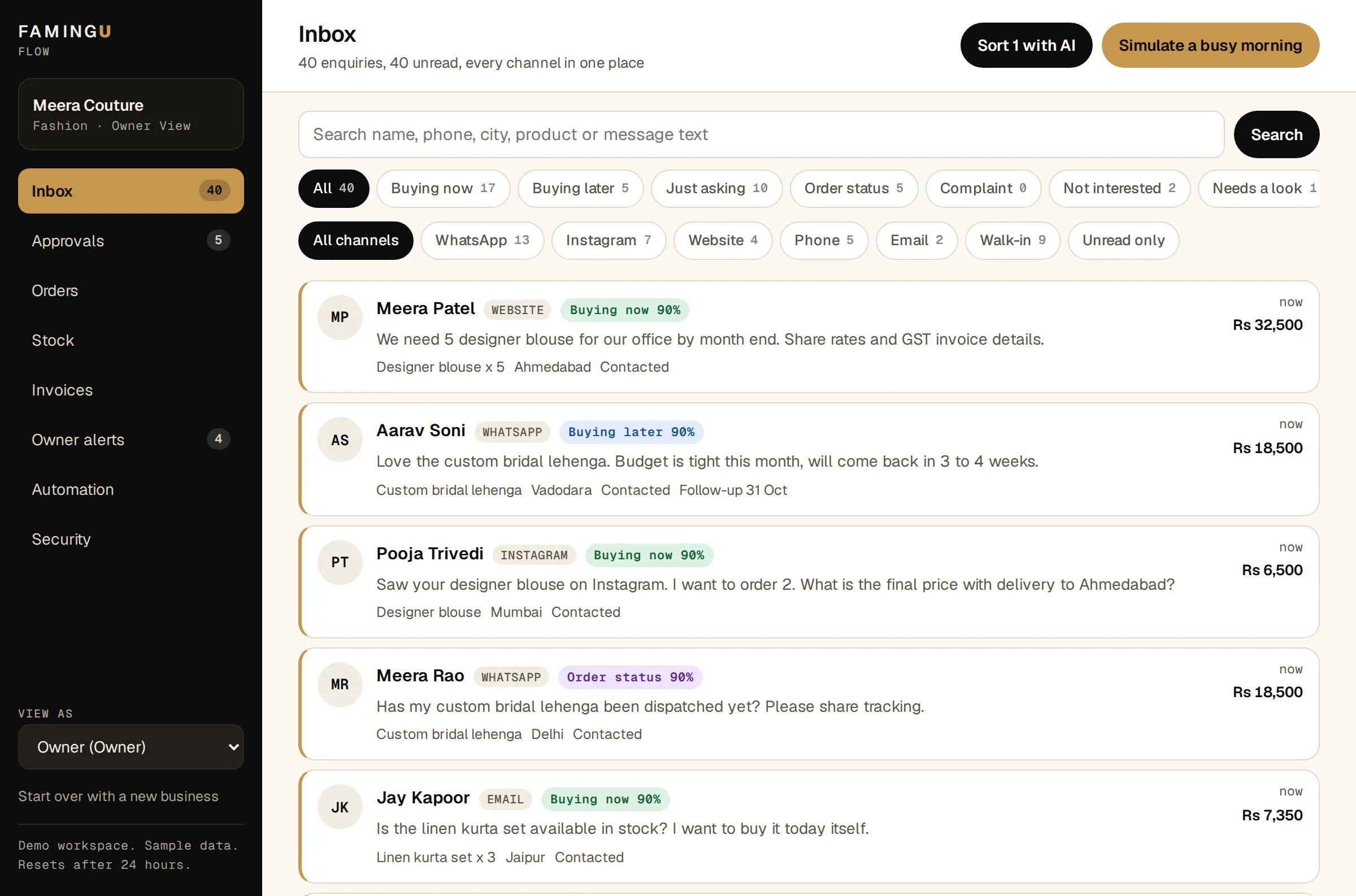 Preview of FamingU Flow: an inbox where enquiries from WhatsApp, Instagram, the website, phone and email are sorted by what the customer wants, with the automation that answered each one